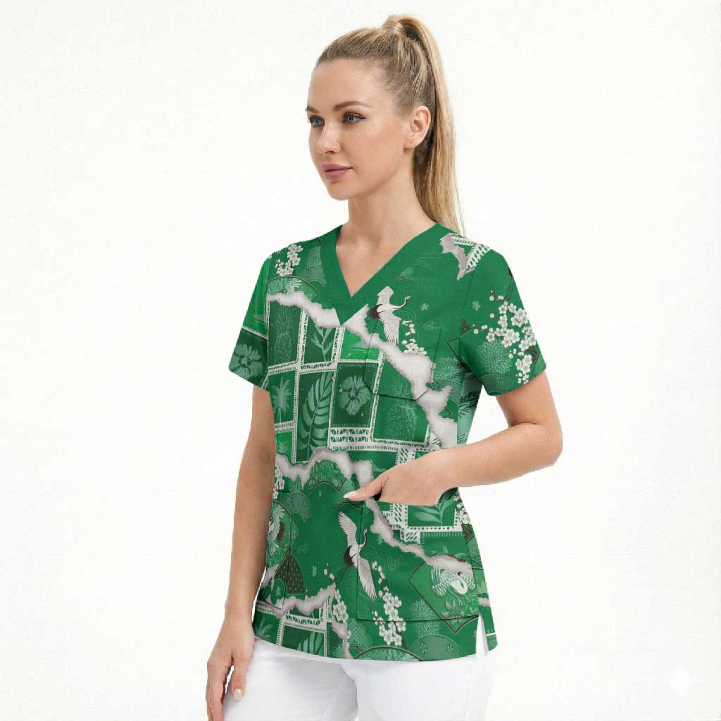 Hawaii Japanese Culture Green Scrub Top Spring Cranes Aloha Pattern