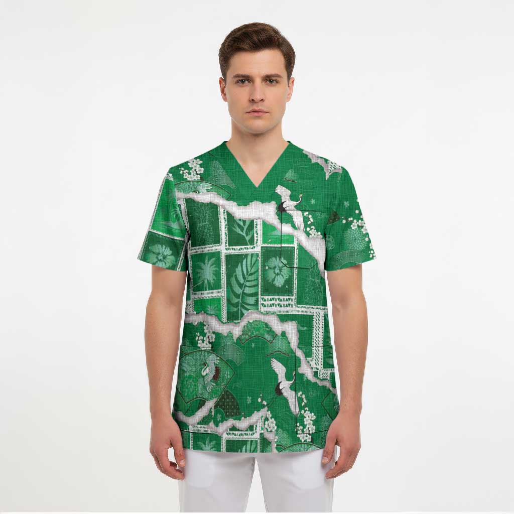 Hawaii Japanese Culture Green Scrub Top Spring Cranes Aloha Pattern