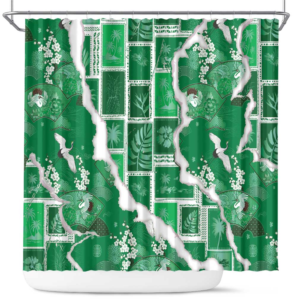 Hawaii Japanese Culture Green Shower Curtain Spring Cranes Aloha Pattern