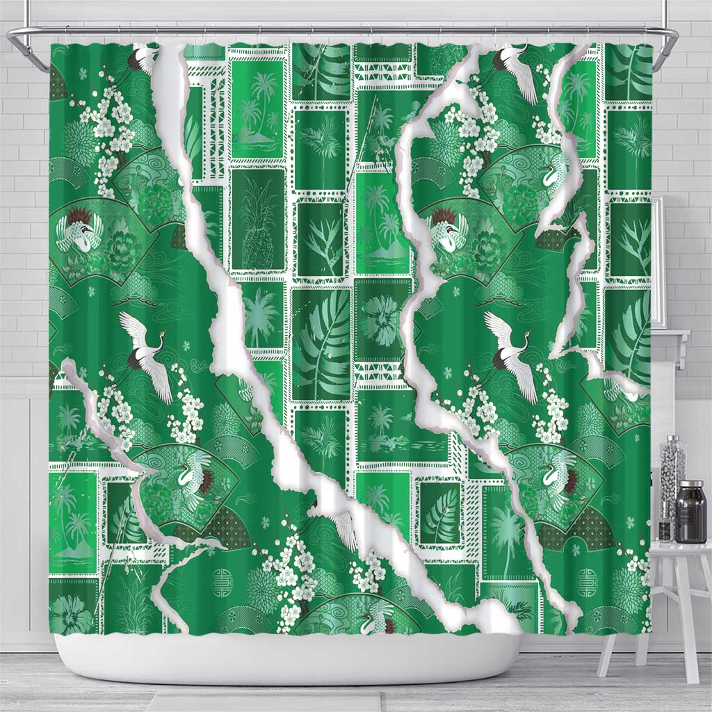 Hawaii Japanese Culture Green Shower Curtain Spring Cranes Aloha Pattern