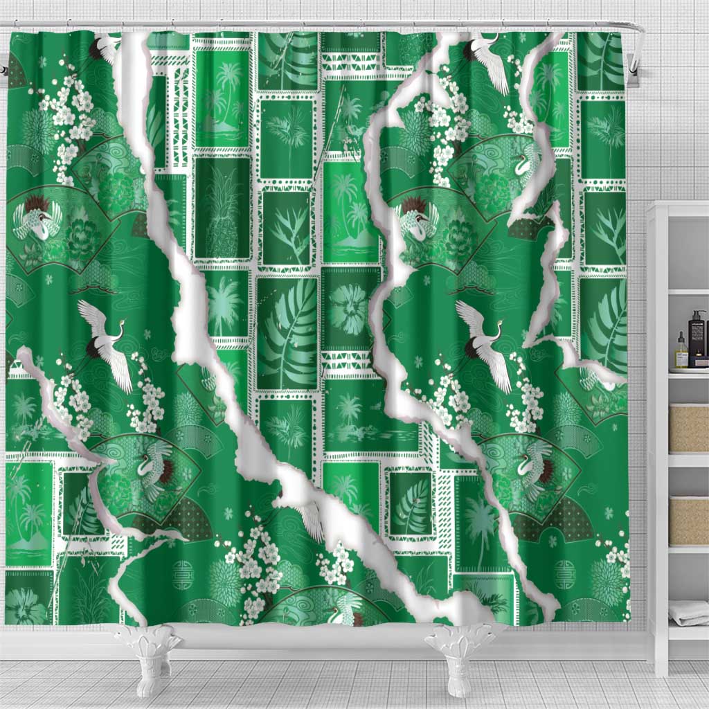 Hawaii Japanese Culture Green Shower Curtain Spring Cranes Aloha Pattern