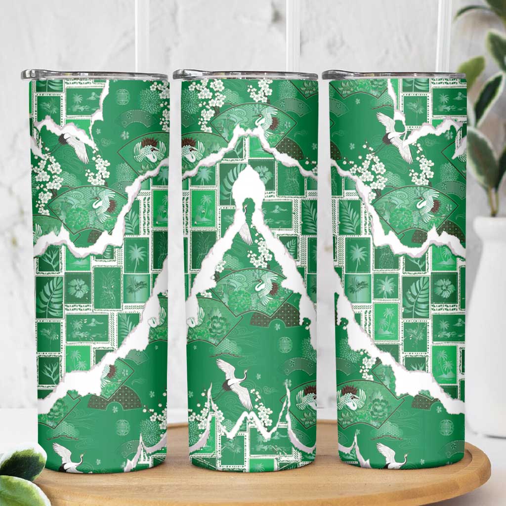 Hawaii Japanese Culture Green Skinny Tumbler Spring Cranes Aloha Pattern