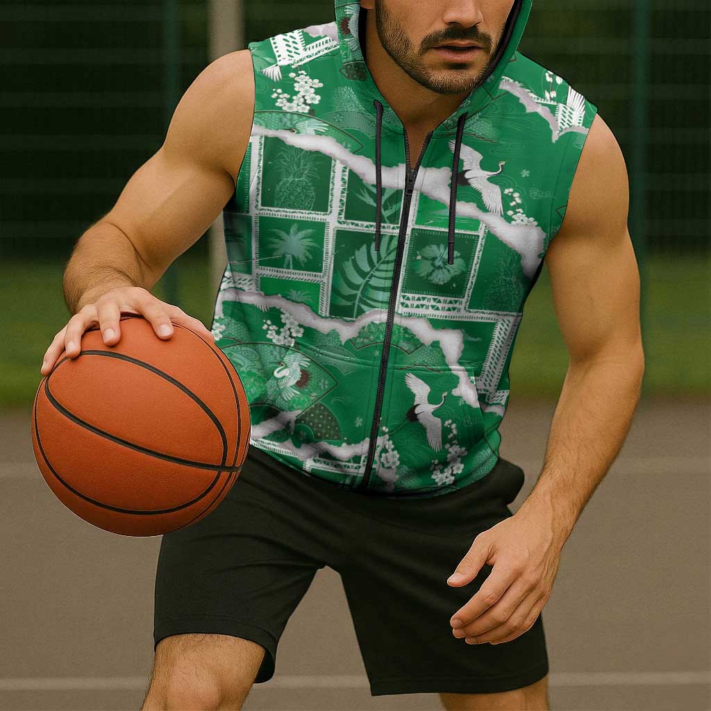 Hawaii Japanese Culture Green Sleeveless Zip Hoodie Spring Cranes Aloha Pattern