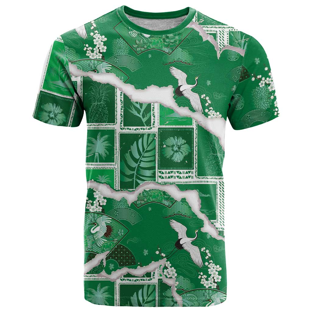 Hawaii Japanese Culture Green T Shirt Spring Cranes Aloha Pattern