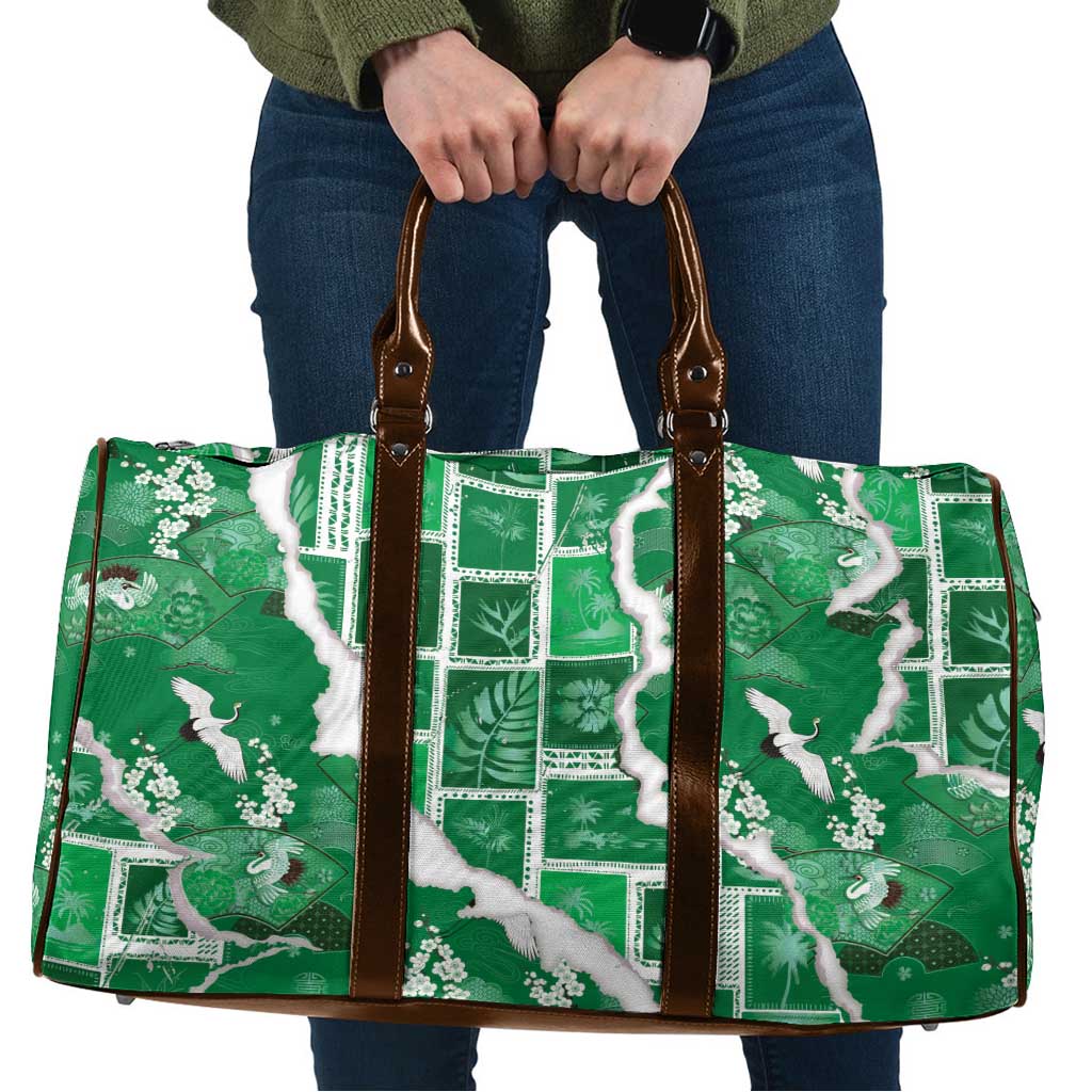Hawaii Japanese Culture Green Travel Bag Spring Cranes Aloha Pattern