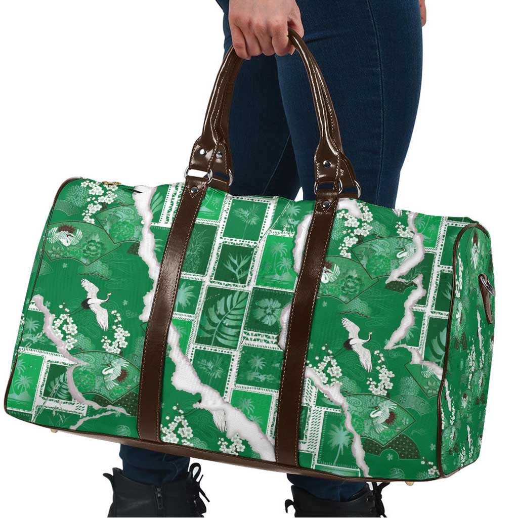 Hawaii Japanese Culture Green Travel Bag Spring Cranes Aloha Pattern