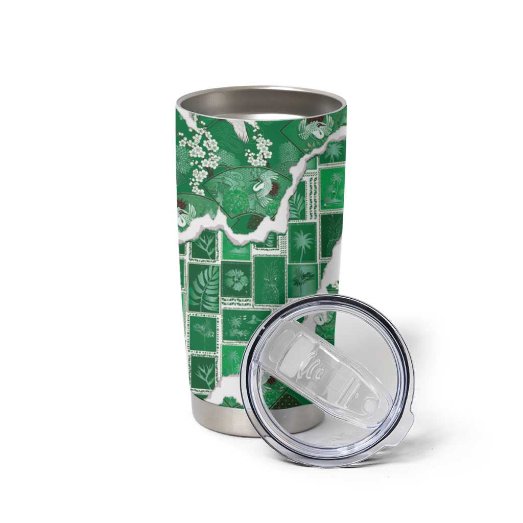 Hawaii Japanese Culture Green Tumbler Cup Spring Cranes Aloha Pattern