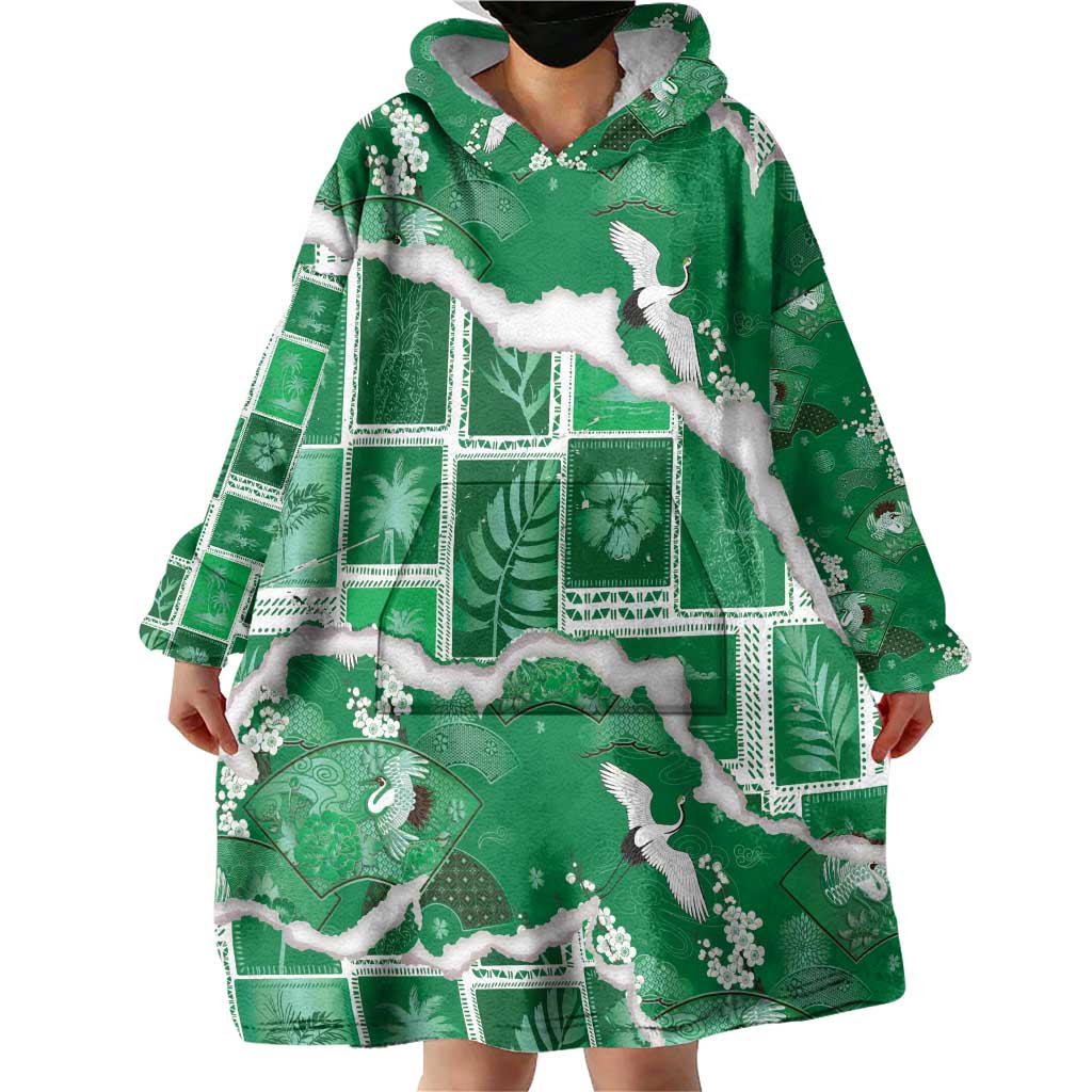 Hawaii Japanese Culture Green Wearable Blanket Hoodie Spring Cranes Aloha Pattern