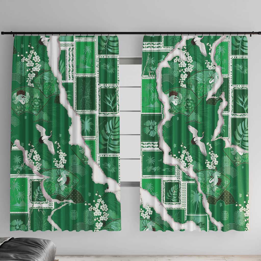 Hawaii Japanese Culture Green Window Curtain Spring Cranes Aloha Pattern