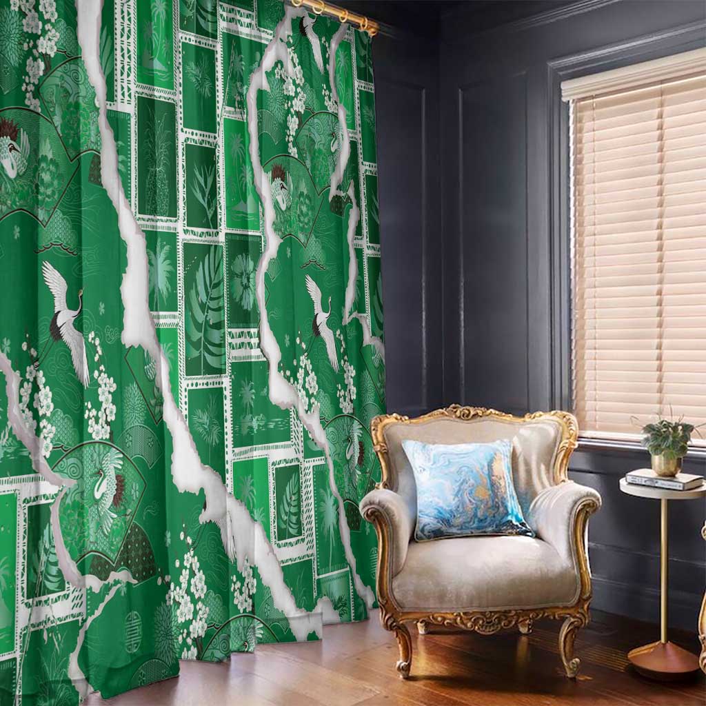Hawaii Japanese Culture Green Window Curtain Spring Cranes Aloha Pattern