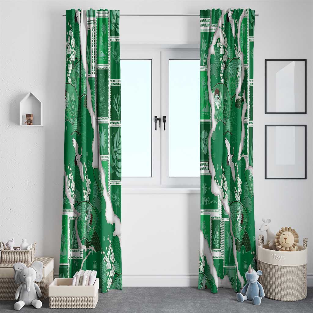 Hawaii Japanese Culture Green Window Curtain Spring Cranes Aloha Pattern