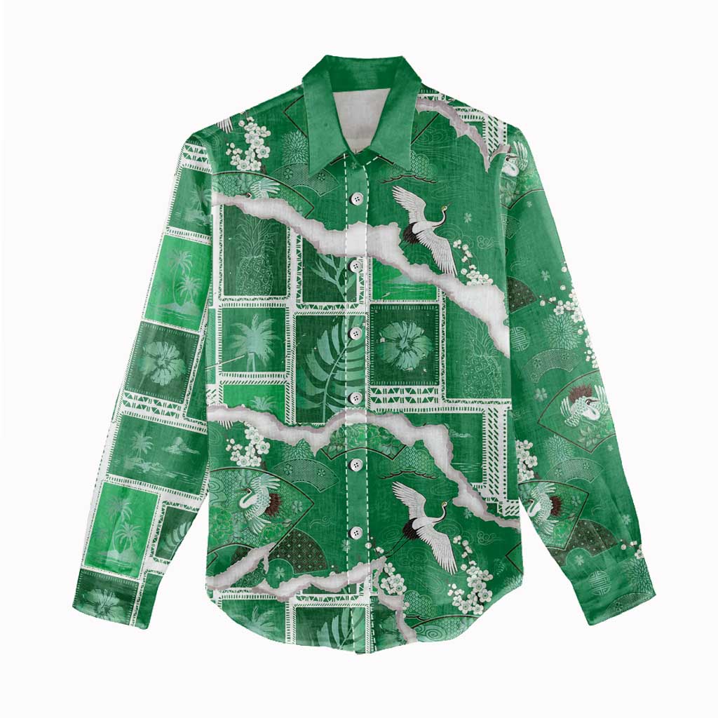 Hawaii Japanese Culture Green Women Casual Shirt Spring Cranes Aloha Pattern