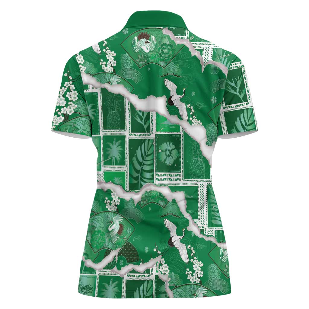 Hawaii Japanese Culture Green Women Polo Shirt Spring Cranes Aloha Pattern