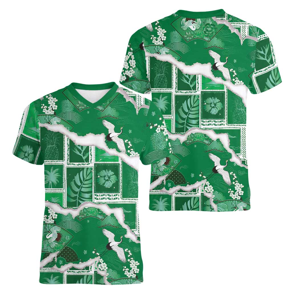 Hawaii Japanese Culture Green Women V-Neck T-Shirt Spring Cranes Aloha Pattern