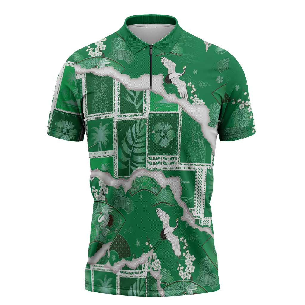 Hawaii Japanese Culture Green Zipper Polo Shirt Spring Cranes Aloha Pattern