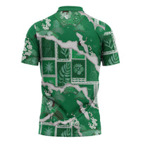 Hawaii Japanese Culture Green Zipper Polo Shirt Spring Cranes Aloha Pattern