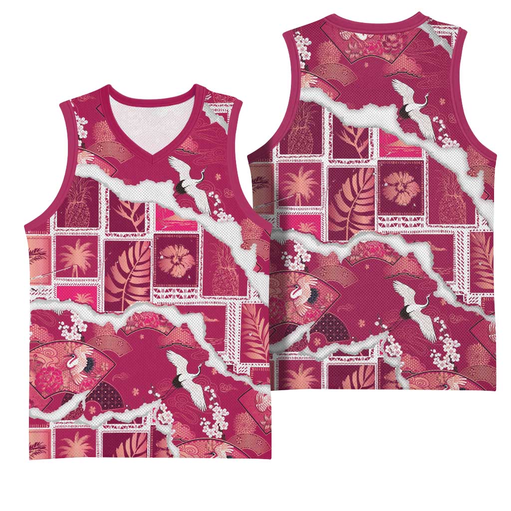 Hawaii Japanese Culture Pink Basketball Jersey Spring Cranes Aloha Pattern