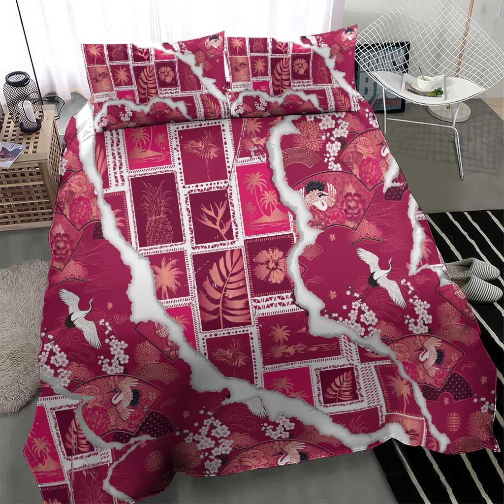Hawaii Japanese Culture Pink Bedding Set Spring Cranes Aloha Pattern