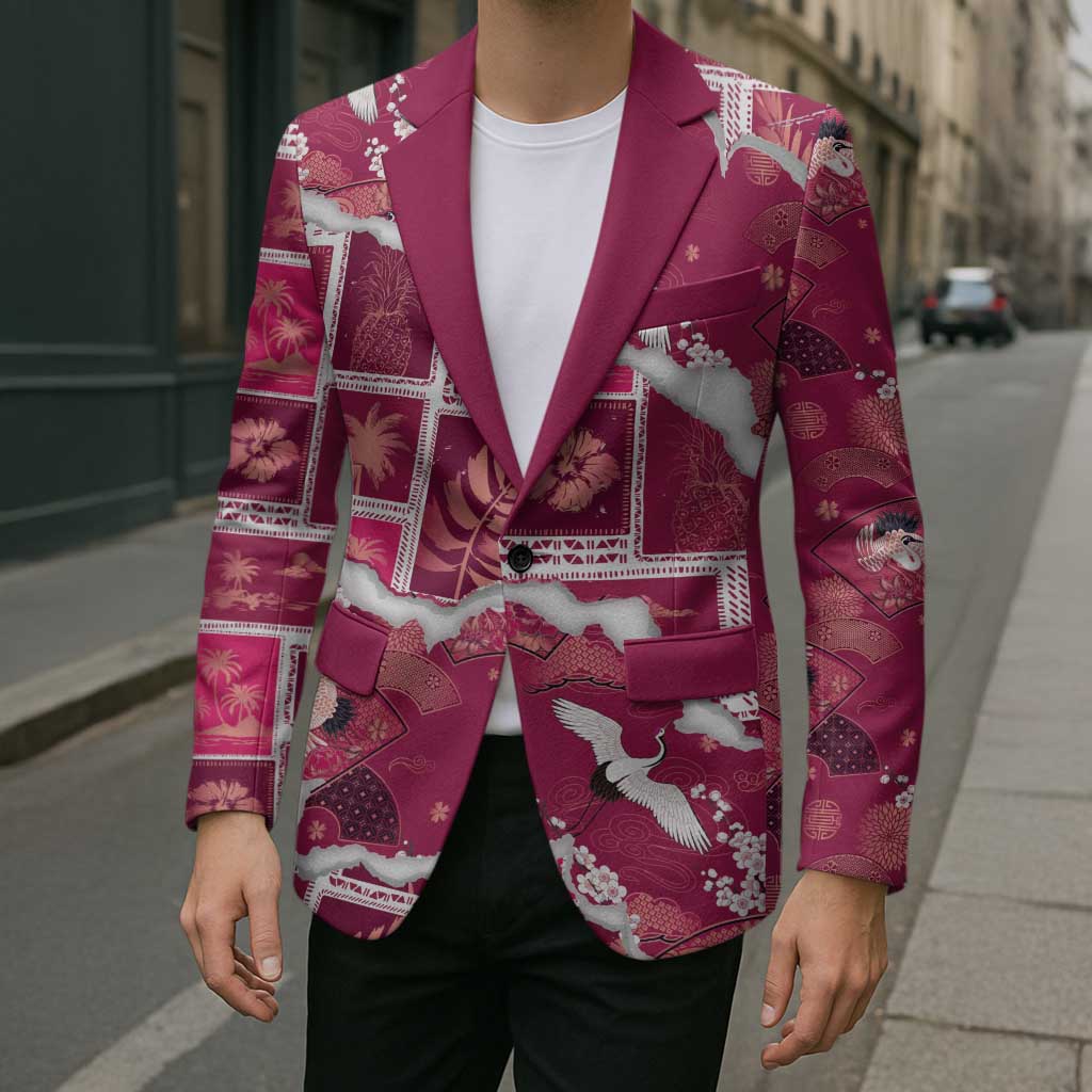 Hawaii Japanese Culture Pink Blazer Spring Cranes Aloha Pattern