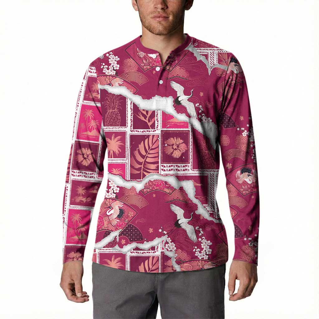 Hawaii Japanese Culture Pink Button Sweatshirt Spring Cranes Aloha Pattern