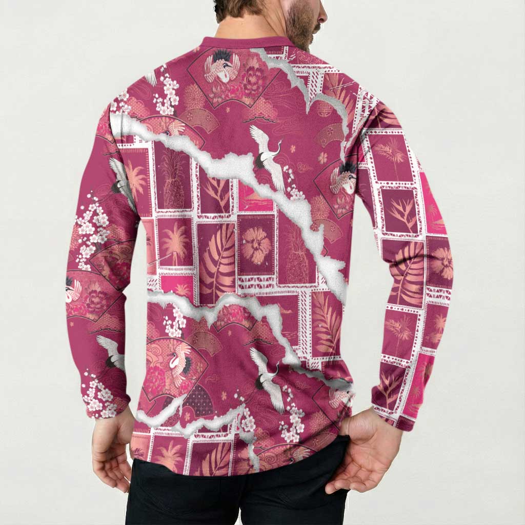 Hawaii Japanese Culture Pink Button Sweatshirt Spring Cranes Aloha Pattern