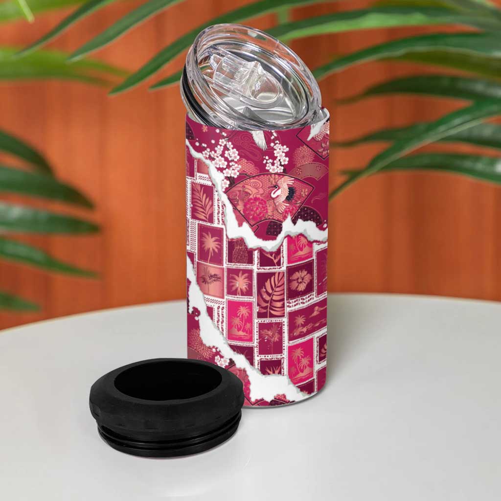 Hawaii Japanese Culture Pink 4 in 1 Can Cooler Tumbler Spring Cranes Aloha Pattern
