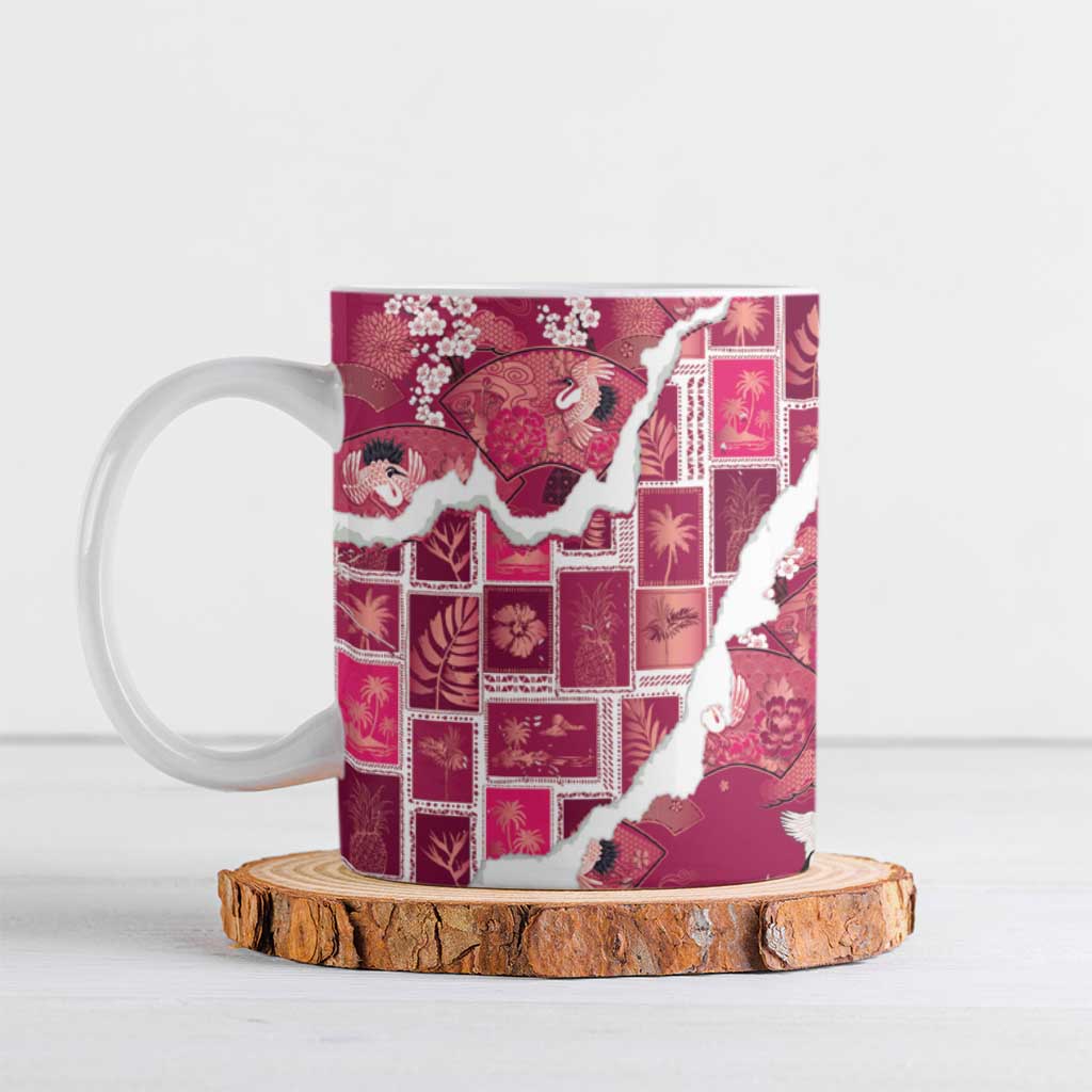 Hawaii Japanese Culture Pink Ceramic Mug Spring Cranes Aloha Pattern