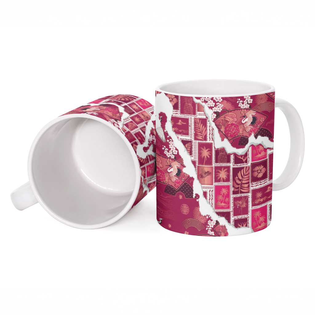 Hawaii Japanese Culture Pink Ceramic Mug Spring Cranes Aloha Pattern