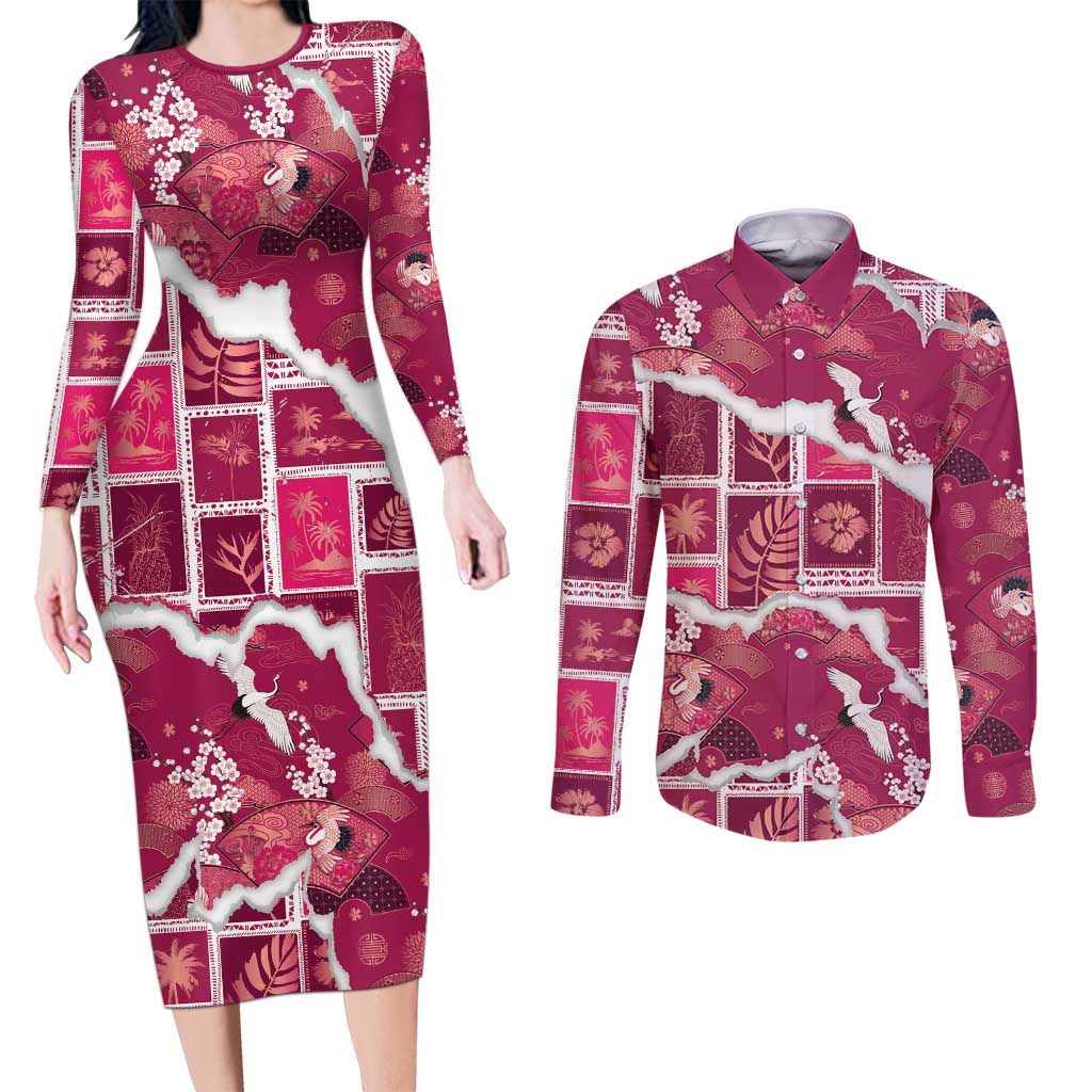 Hawaii Japanese Culture Pink Couples Matching Long Sleeve Bodycon Dress and Long Sleeve Button Shirt Spring Cranes Aloha Pattern