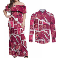 Hawaii Japanese Culture Pink Couples Matching Off Shoulder Maxi Dress and Long Sleeve Button Shirt Spring Cranes Aloha Pattern LT01 Pink - Polynesian Pride