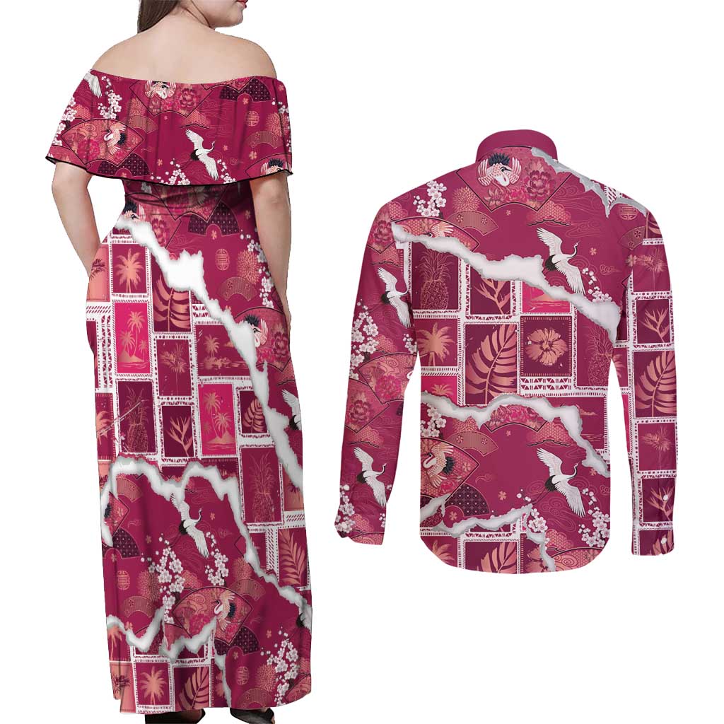 Hawaii Japanese Culture Pink Couples Matching Off Shoulder Maxi Dress and Long Sleeve Button Shirt Spring Cranes Aloha Pattern LT01 - Polynesian Pride