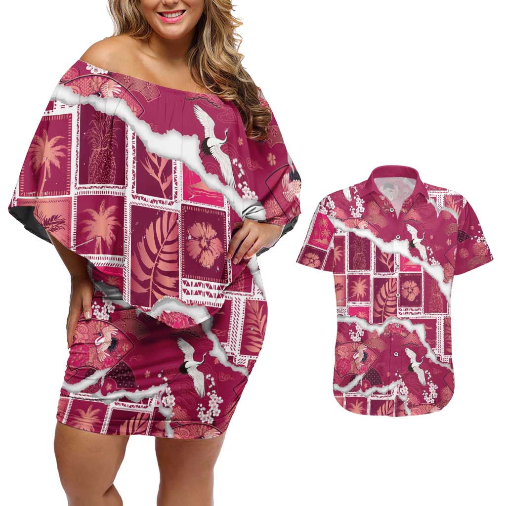 Hawaii Japanese Culture Pink Couples Matching Off Shoulder Short Dress and Hawaiian Shirt Spring Cranes Aloha Pattern