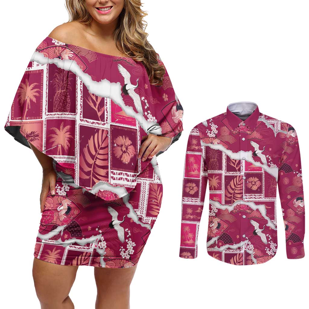 Hawaii Japanese Culture Pink Couples Matching Off Shoulder Short Dress and Long Sleeve Button Shirt Spring Cranes Aloha Pattern LT01 Pink - Polynesian Pride
