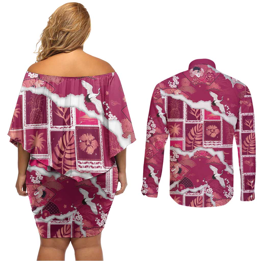 Hawaii Japanese Culture Pink Couples Matching Off Shoulder Short Dress and Long Sleeve Button Shirt Spring Cranes Aloha Pattern LT01 - Polynesian Pride