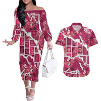 Hawaii Japanese Culture Pink Couples Matching Off The Shoulder Long Sleeve Dress and Hawaiian Shirt Spring Cranes Aloha Pattern