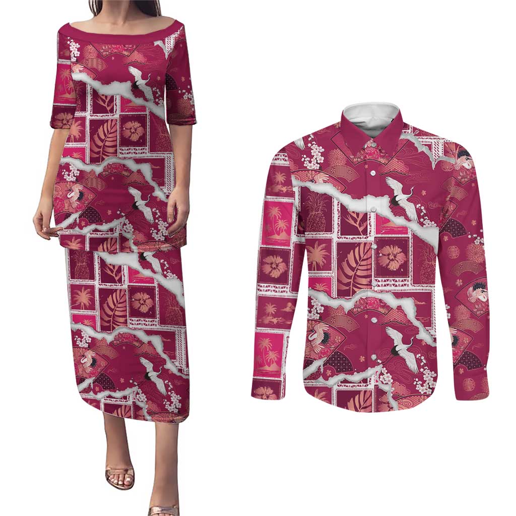 Hawaii Japanese Culture Pink Couples Matching Puletasi and Long Sleeve Button Shirt Spring Cranes Aloha Pattern