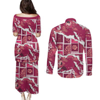 Hawaii Japanese Culture Pink Couples Matching Puletasi and Long Sleeve Button Shirt Spring Cranes Aloha Pattern