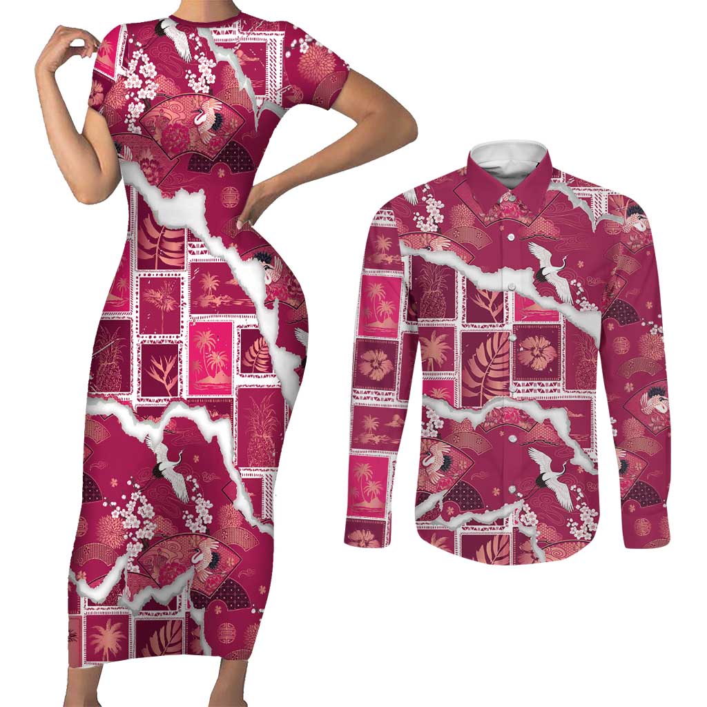 Hawaii Japanese Culture Pink Couples Matching Short Sleeve Bodycon Dress and Long Sleeve Button Shirt Spring Cranes Aloha Pattern LT01 Pink - Polynesian Pride