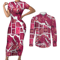 Hawaii Japanese Culture Pink Couples Matching Short Sleeve Bodycon Dress and Long Sleeve Button Shirt Spring Cranes Aloha Pattern LT01 Pink - Polynesian Pride