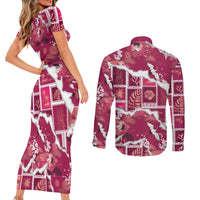 Hawaii Japanese Culture Pink Couples Matching Short Sleeve Bodycon Dress and Long Sleeve Button Shirt Spring Cranes Aloha Pattern LT01 - Polynesian Pride