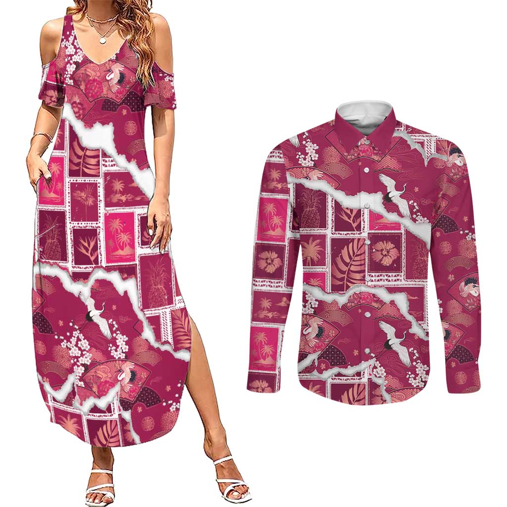 Hawaii Japanese Culture Pink Couples Matching Summer Maxi Dress and Long Sleeve Button Shirt Spring Cranes Aloha Pattern