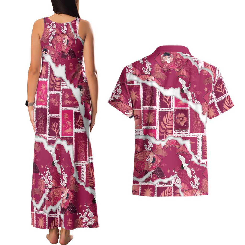 Hawaii Japanese Culture Pink Couples Matching Tank Maxi Dress and Hawaiian Shirt Spring Cranes Aloha Pattern