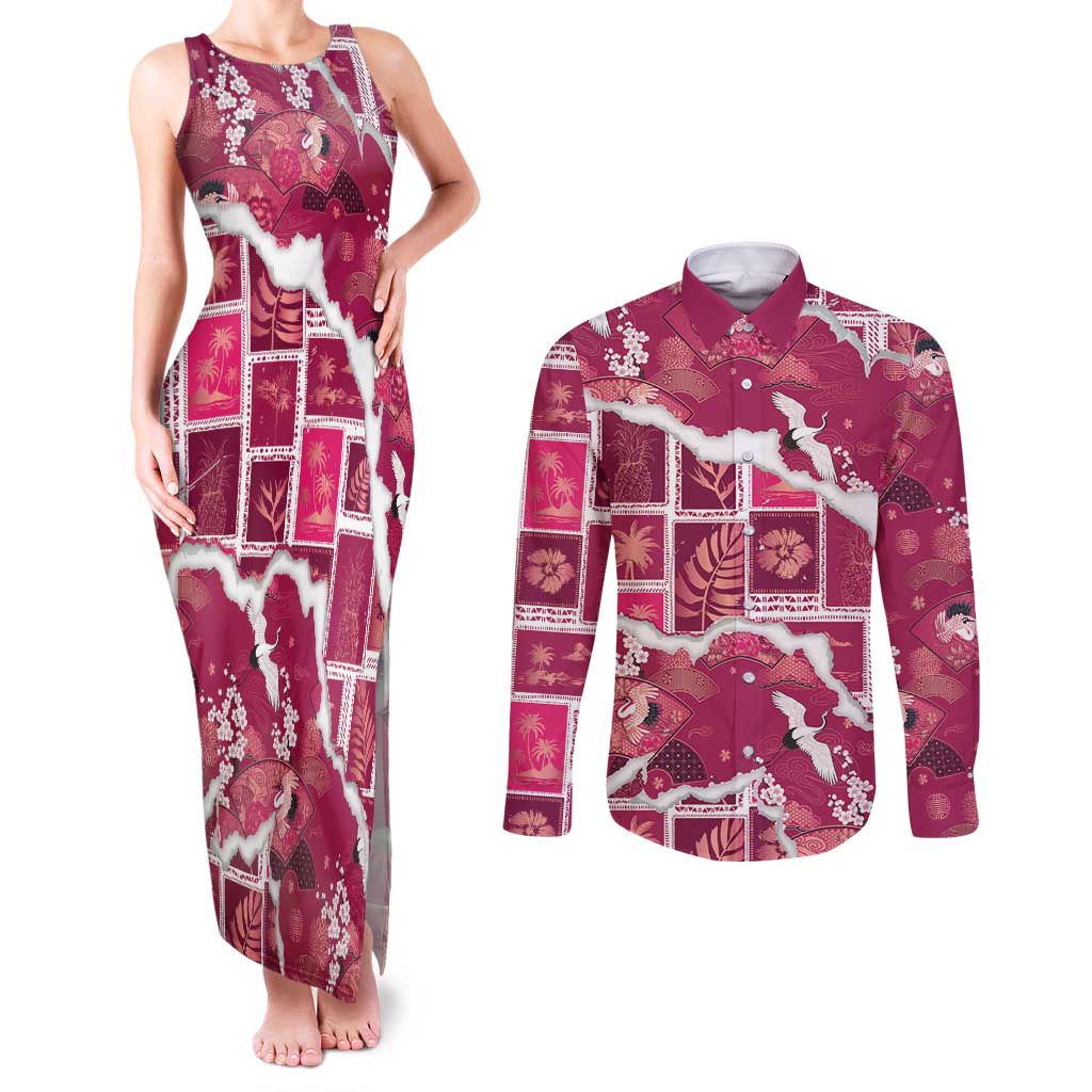 Hawaii Japanese Culture Pink Couples Matching Tank Maxi Dress and Long Sleeve Button Shirt Spring Cranes Aloha Pattern LT01 Pink - Polynesian Pride