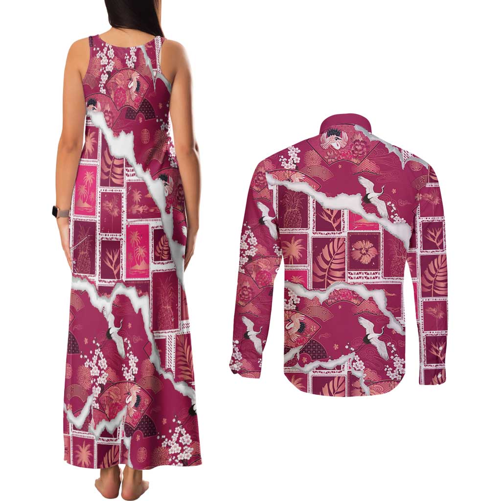 Hawaii Japanese Culture Pink Couples Matching Tank Maxi Dress and Long Sleeve Button Shirt Spring Cranes Aloha Pattern LT01 - Polynesian Pride