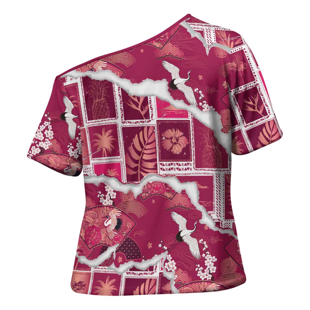 Hawaii Japanese Culture Pink Cross Shoulder Shirt Spring Cranes Aloha Pattern