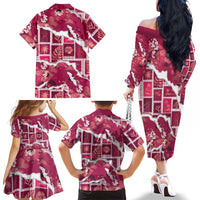Hawaii Japanese Culture Pink Family Matching Off The Shoulder Long Sleeve Dress and Hawaiian Shirt Spring Cranes Aloha Pattern