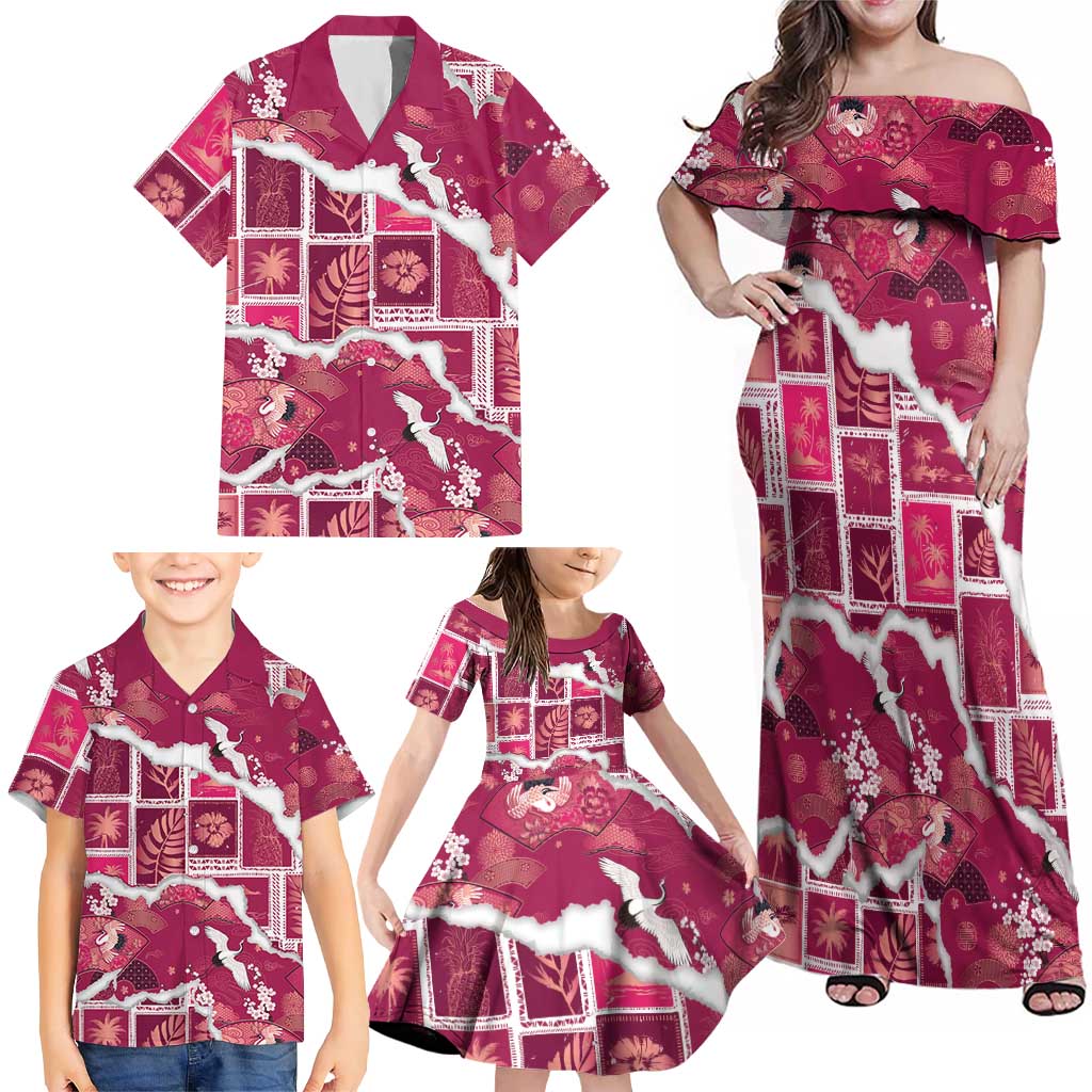 Hawaii Japanese Culture Pink Family Matching Off Shoulder Maxi Dress and Hawaiian Shirt Spring Cranes Aloha Pattern