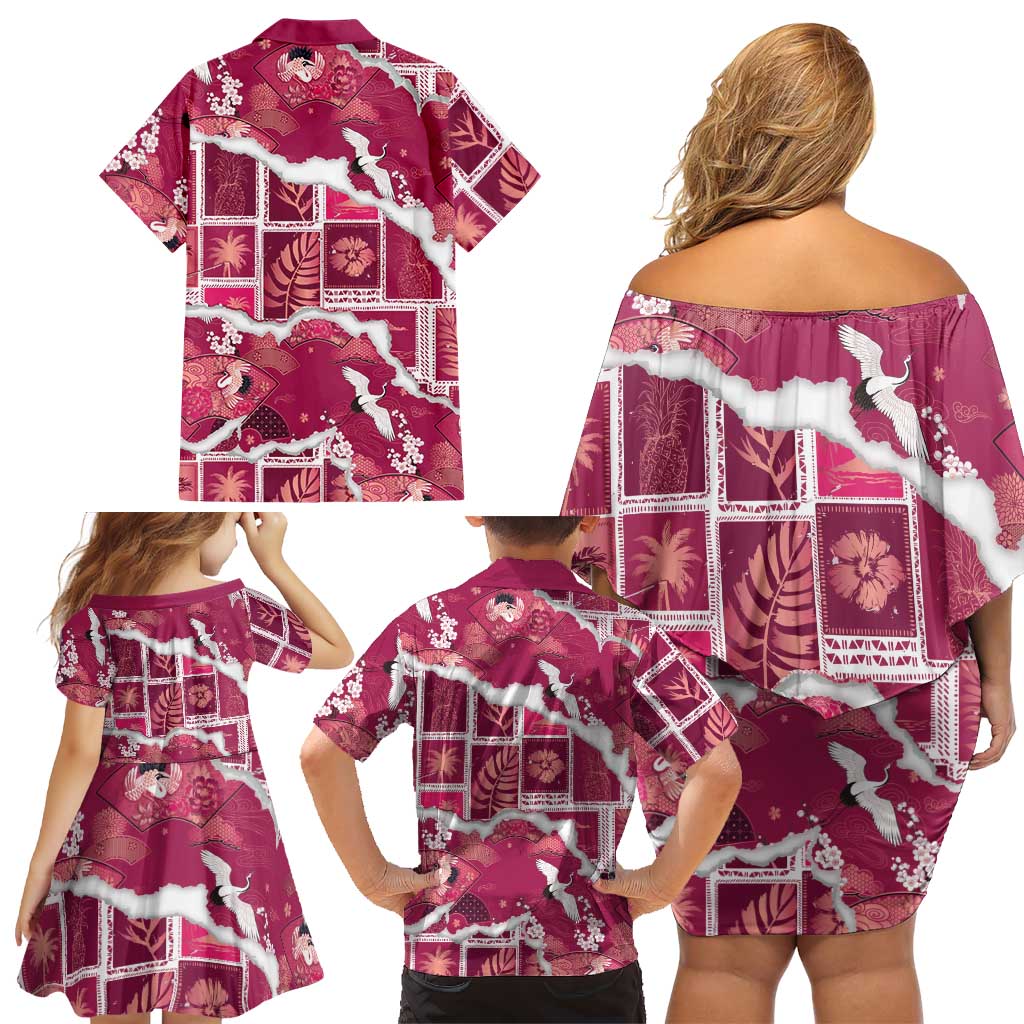 Hawaii Japanese Culture Pink Family Matching Off Shoulder Short Dress and Hawaiian Shirt Spring Cranes Aloha Pattern