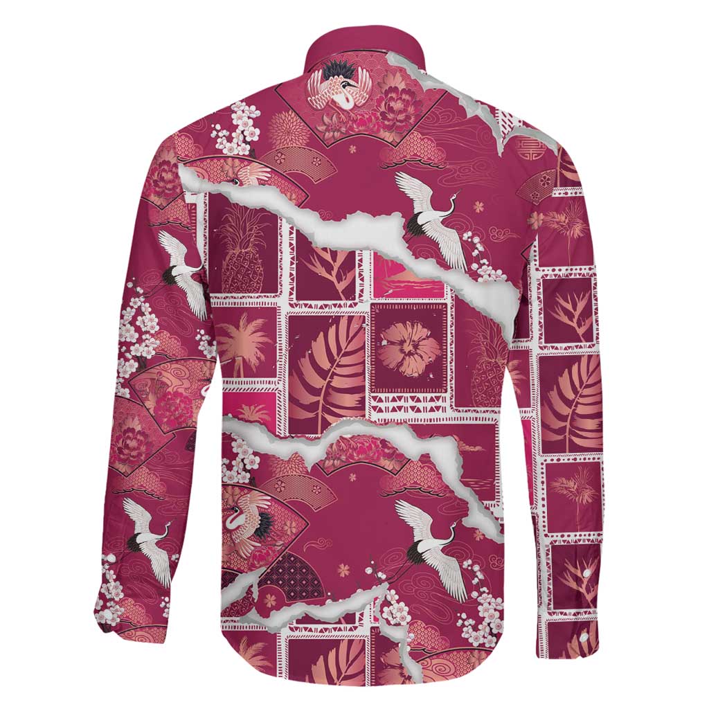 Hawaii Japanese Culture Pink Family Matching Off Shoulder Short Dress and Hawaiian Shirt Spring Cranes Aloha Pattern