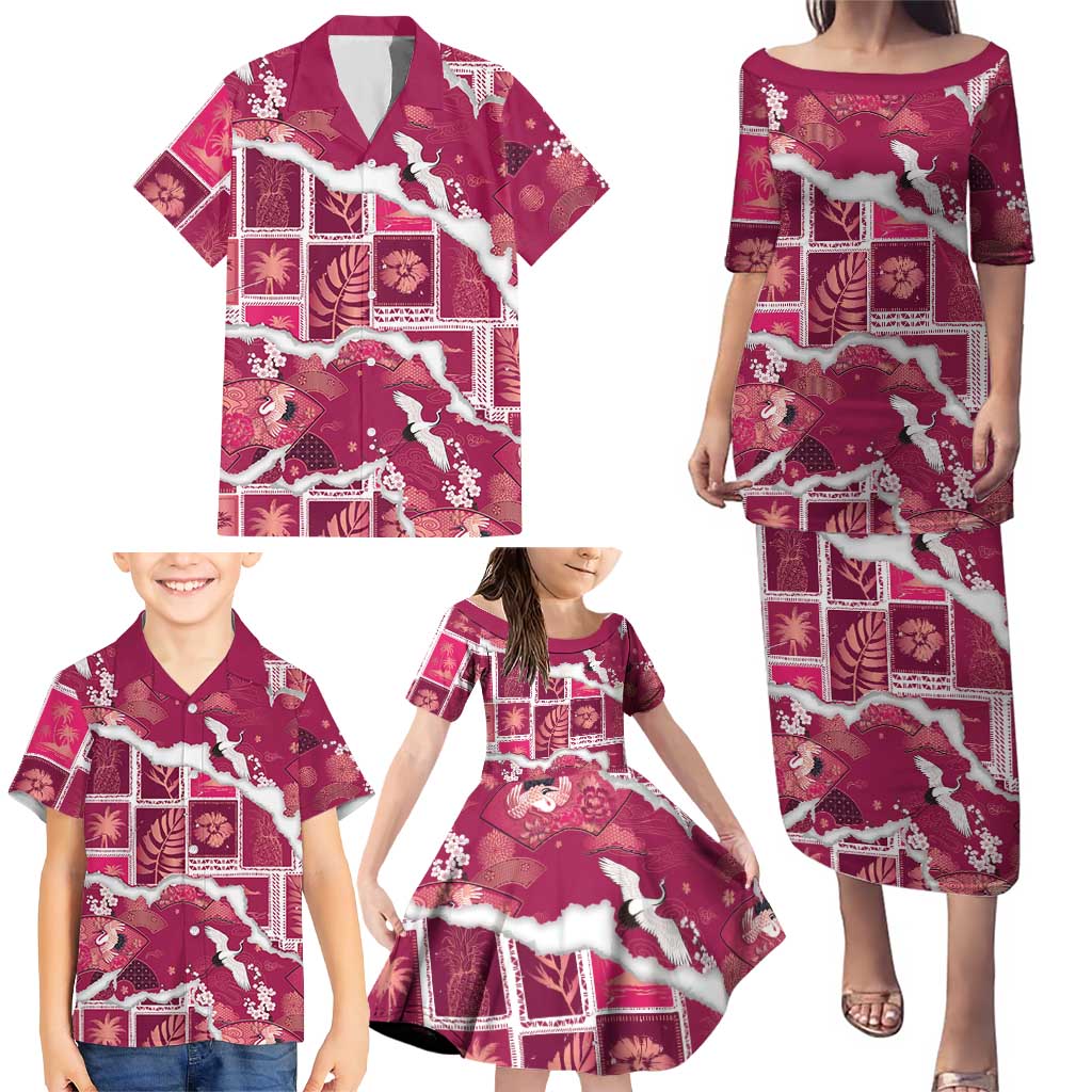 Hawaii Japanese Culture Pink Family Matching Puletasi and Hawaiian Shirt Spring Cranes Aloha Pattern